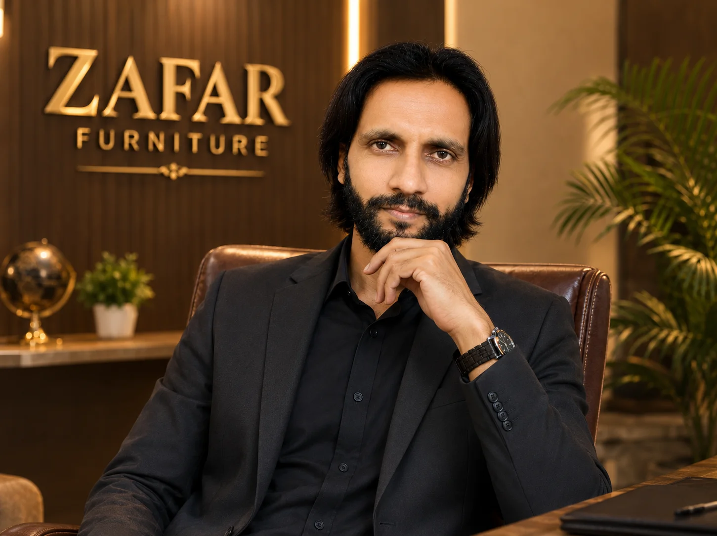 Tanveer Zafar seated at his desk at Zafar Furniture Center