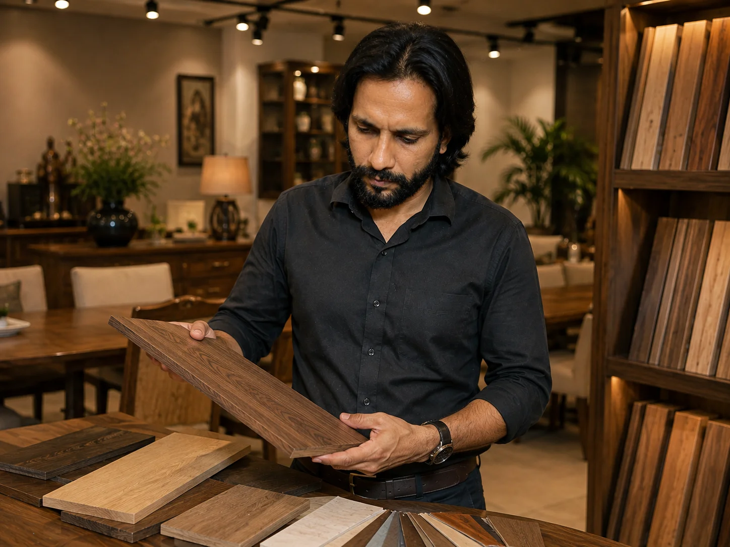 Tanveer Zafar examining a wood finish sample in the showroom
