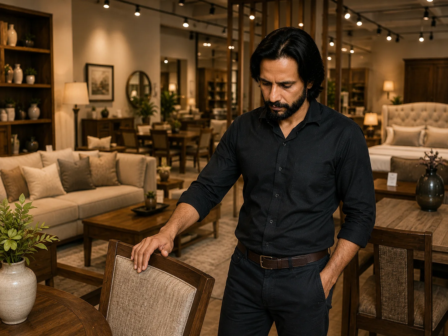 Tanveer Zafar checking a chair in the Zafar Furniture showroom