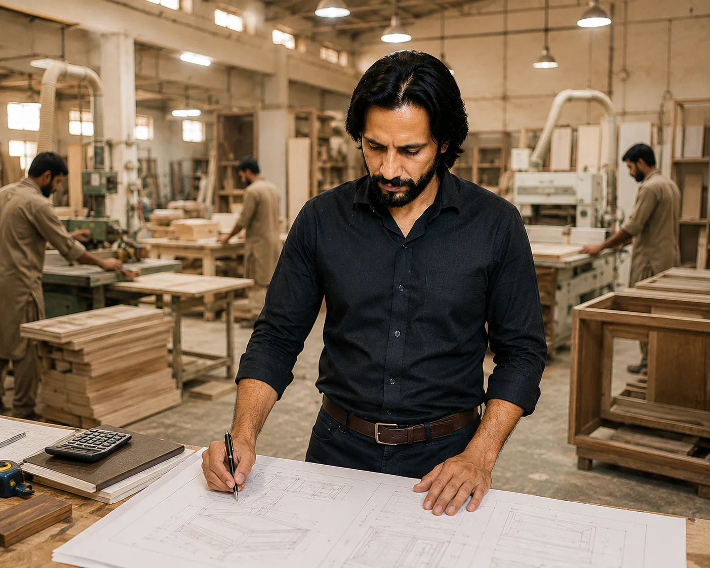 Tanveer Zafar reviewing furniture drawings in the workshop