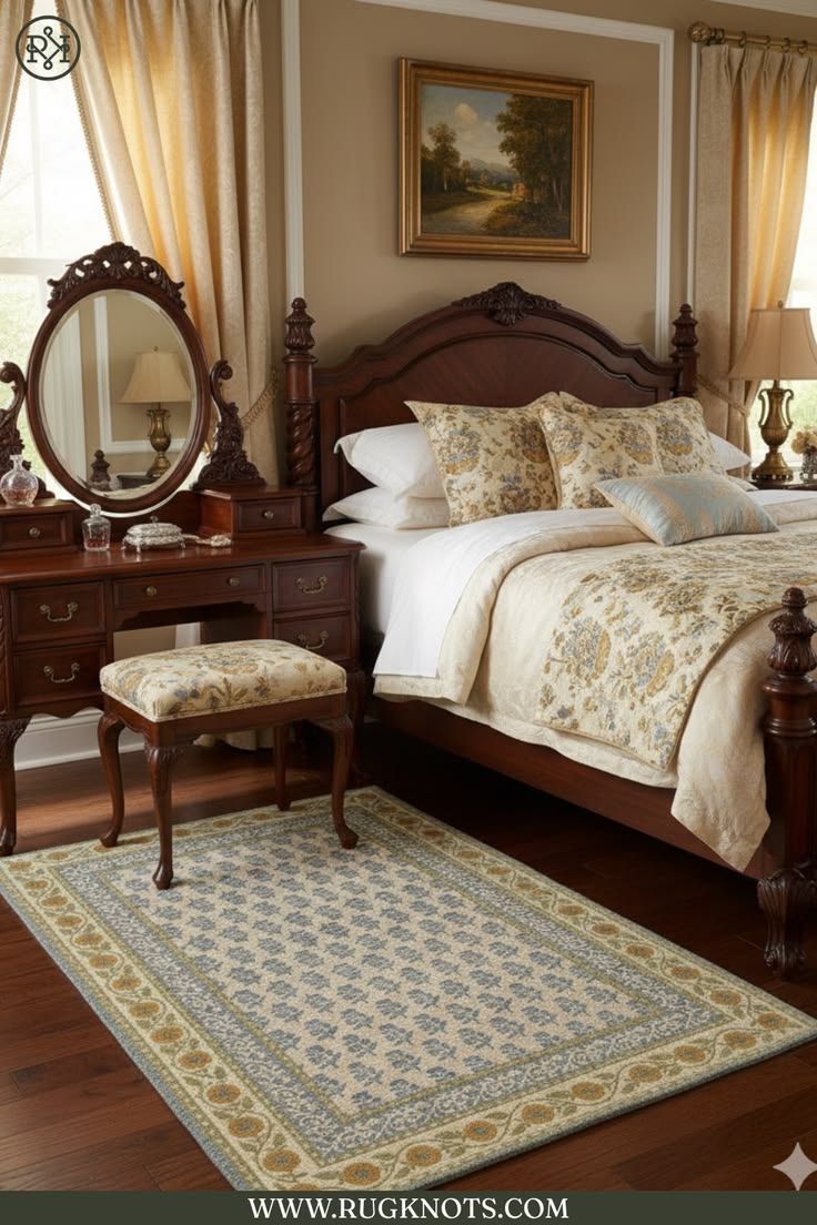 Timeless Bedroom with Handcrafted Traditional Rug